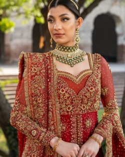 Traditional Red Bridal Open Kameez and Lehenga Outfit