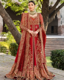 Traditional Red Bridal Open Kameez and Lehenga Outfit