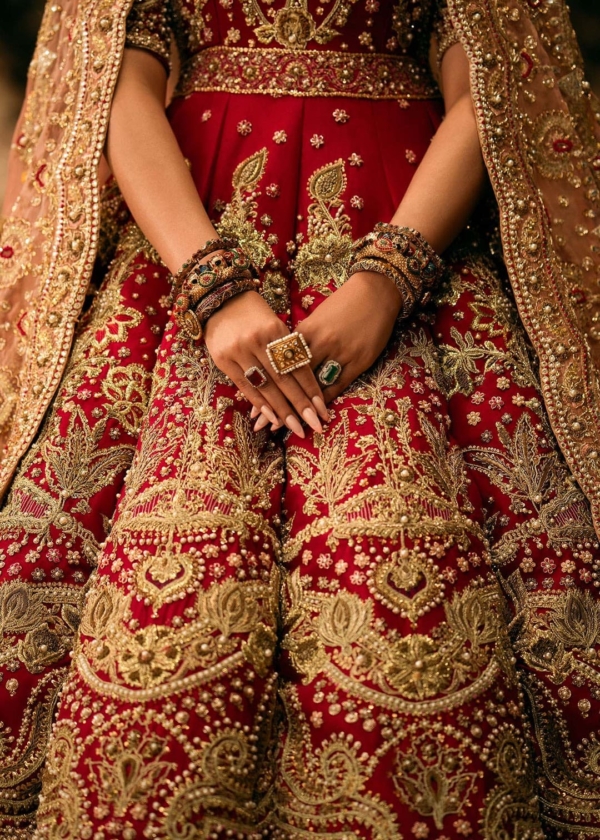 Traditional Ruby Red Bridal Pishwas Lehenga - Image 4