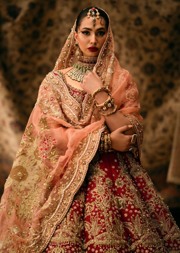 Traditional Ruby Red Bridal Pishwas Lehenga - Image 2