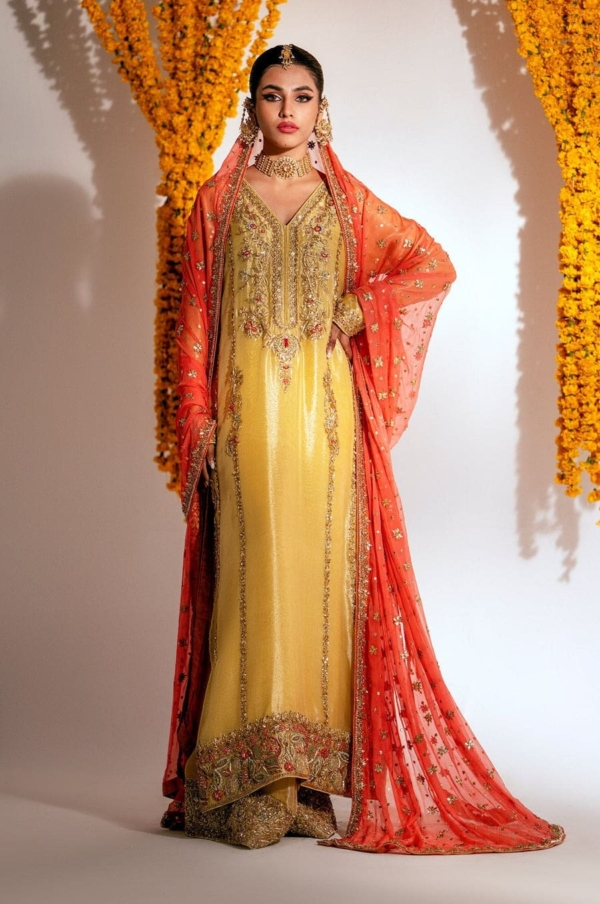 Pakistani Yellow Mehndi Long Shirt Trouser