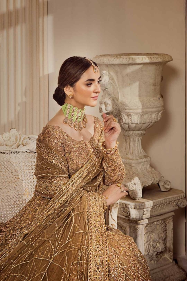 Pakistani Bridal Champagne Gold Lehenga Choli - Image 2