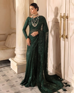 Embroidered Emerald Green Saree In Net