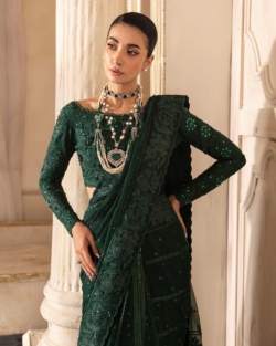 Embroidered Emerald Green Saree In Net