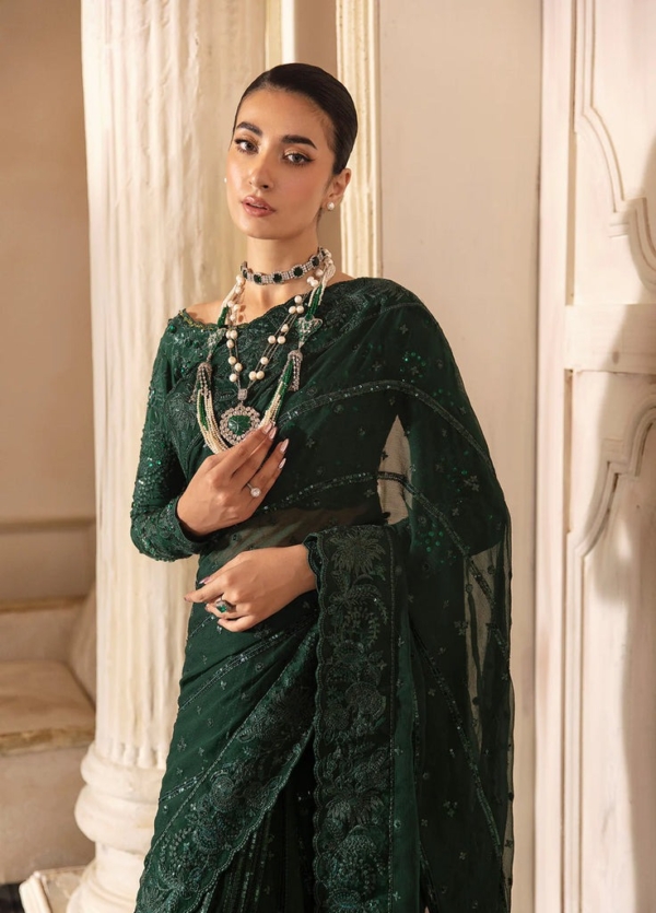 Embroidered Emerald Green Saree In Net - Image 3