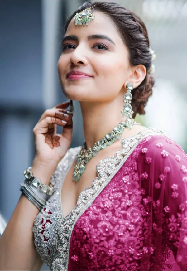 Weaved Net Lehenga in Fuchsia - Image 2