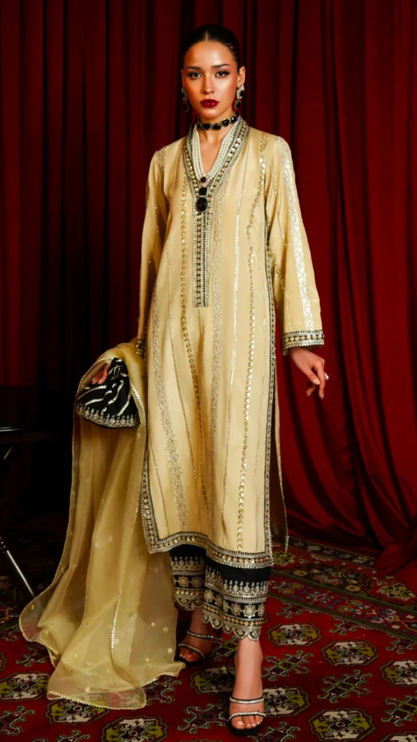 Pakistani Gold And Black Kameez Trouser - Image 3