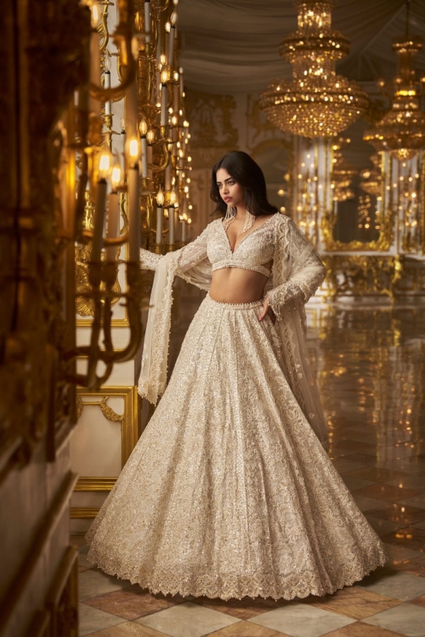 Ivory Gold Indian Bridal Floral Lehenga