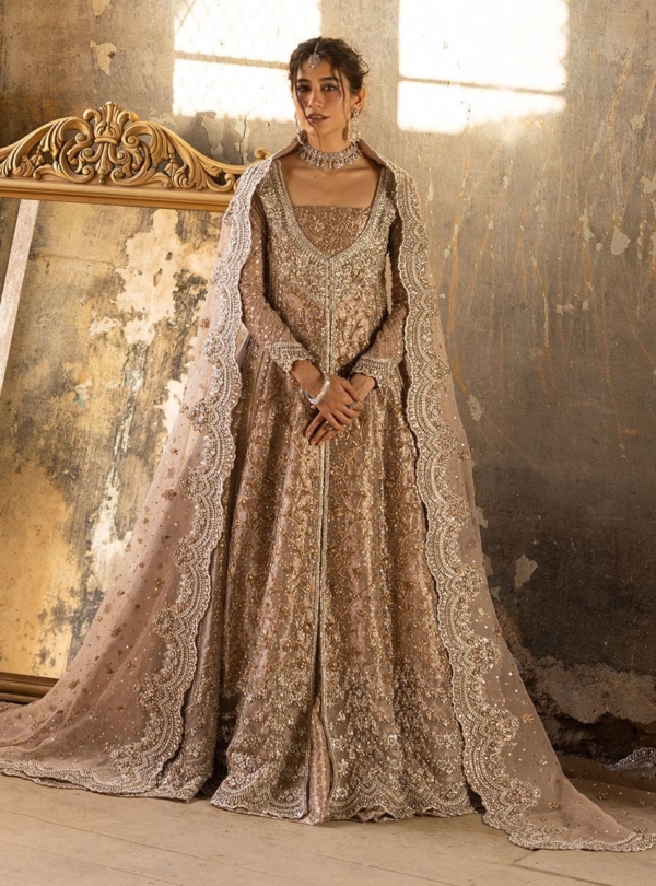 Pakistani Bridal Gold Pishwas Frock Lehenga - Image 4
