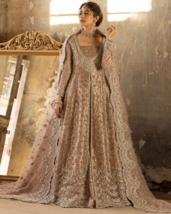 Pakistani Bridal Gold Pishwas Frock Lehenga