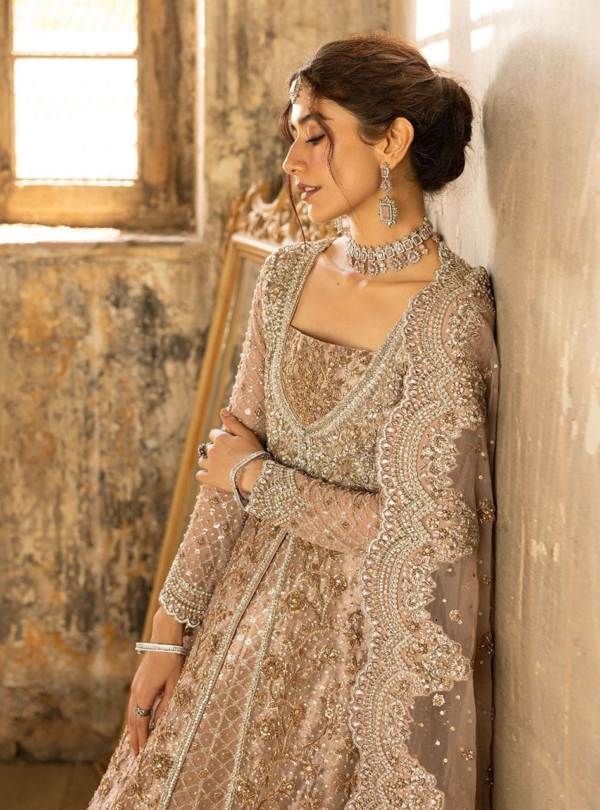 Pakistani Bridal Gold Pishwas Frock Lehenga - Image 2