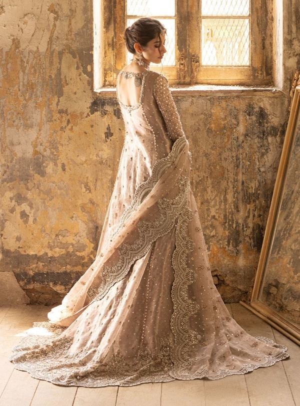 Pakistani Bridal Gold Pishwas Frock Lehenga - Image 3