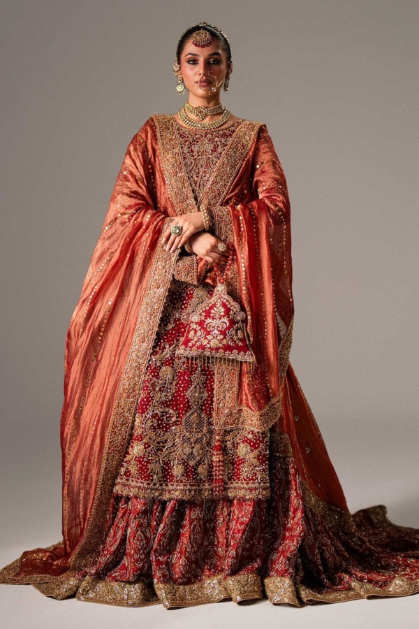 Pakistani Bridal Red Kameez and Gharara - Image 2