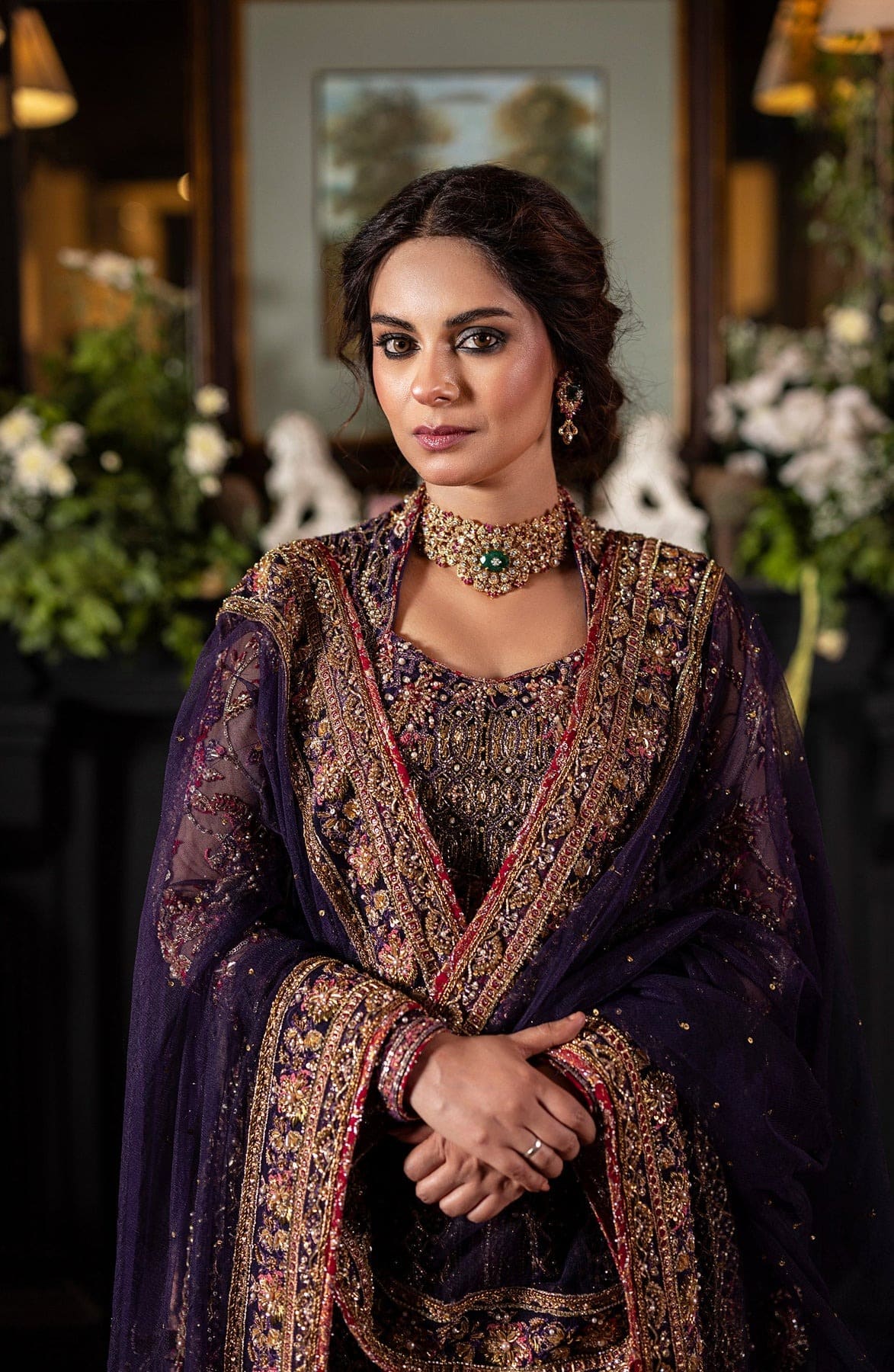 Pakistani Bridal Purple Lehenga Front-Open Gown