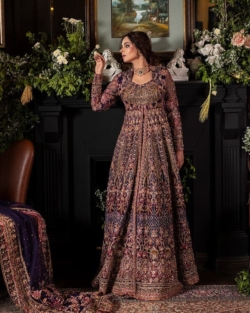Pakistani Bridal Purple Lehenga Front-Open Gown