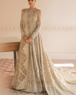 Aura Beige Pakistani Bridal Lehnga Gown Set