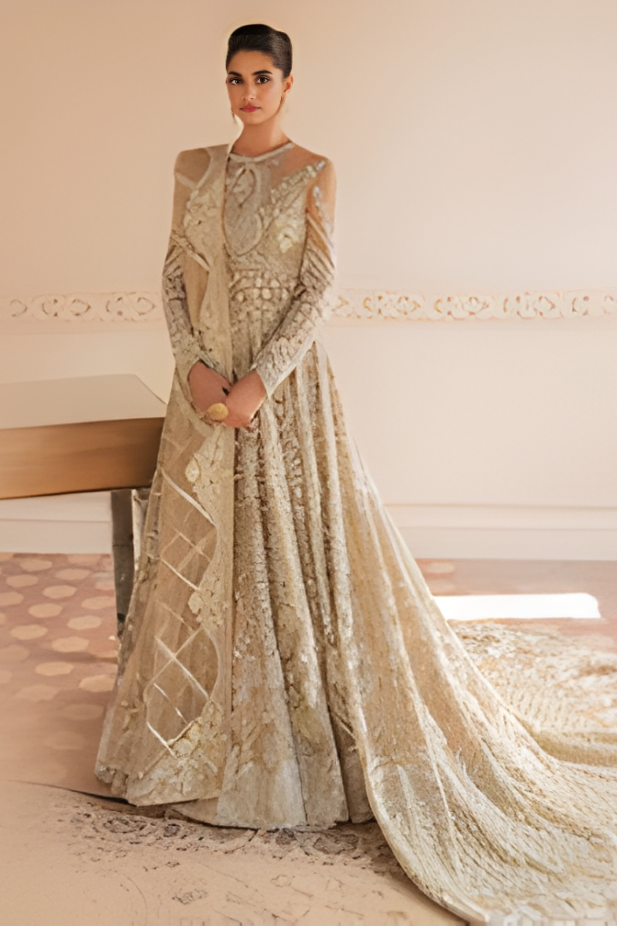 Aura Beige Pakistani Bridal Lehnga Gown Set - Image 2