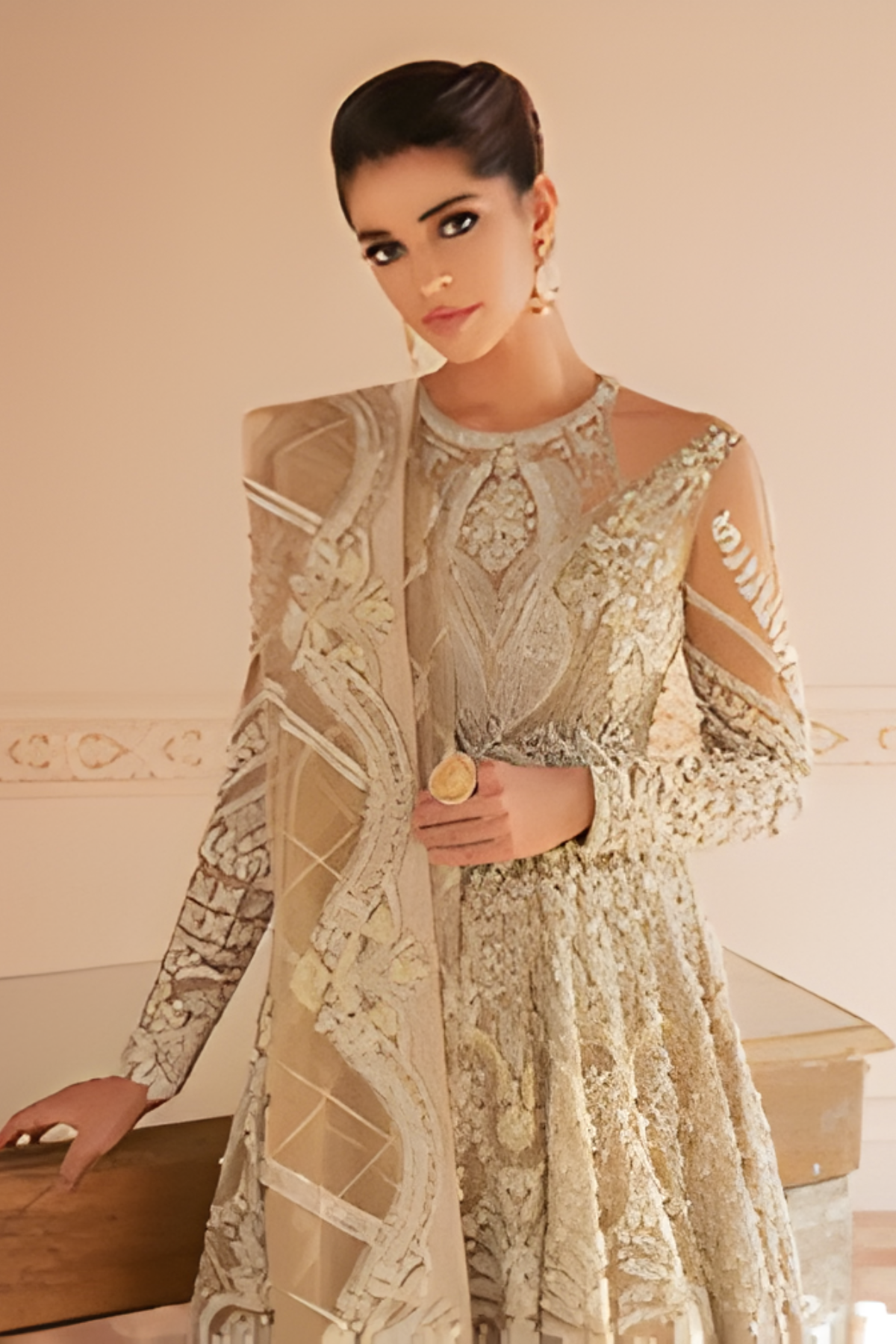 Aura Beige Pakistani Bridal Lehnga Gown Set - Image 3