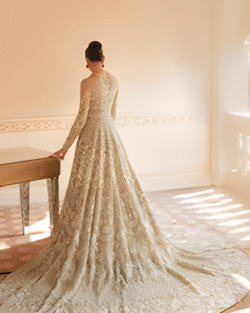 Aura Beige Pakistani Bridal Lehnga Gown Set
