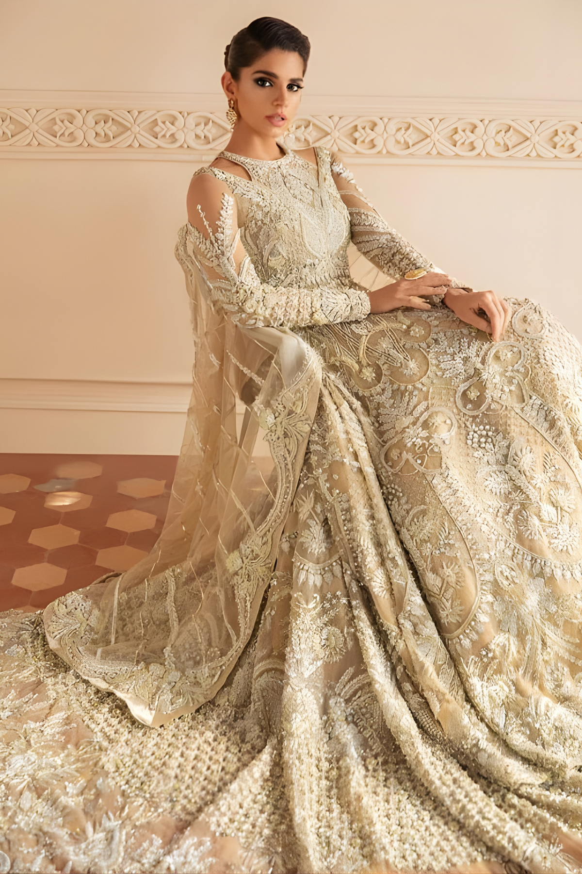 Aura Beige Pakistani Bridal Lehnga Gown Set - Image 5