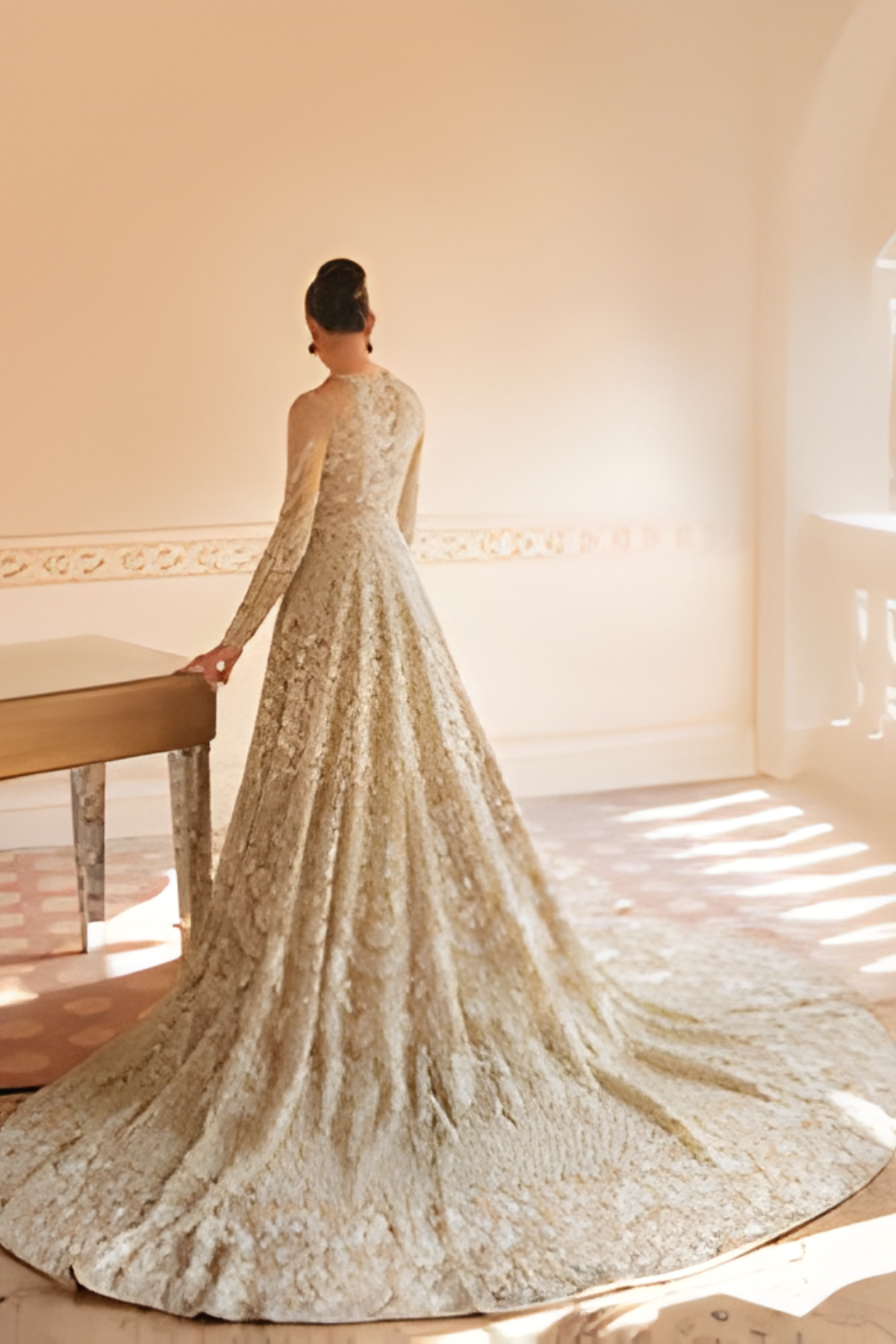 Aura Beige Pakistani Bridal Lehnga Gown Set