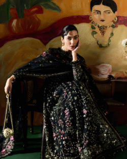 Black Pakistani Bridal Long Shirt Sharara Set