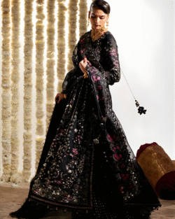 Black Pakistani Bridal Long Shirt Sharara Set
