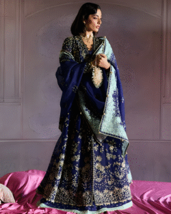 Dark Blue Pakistani Bridal Open Gown Set