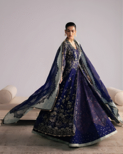 Dark Blue Pakistani Bridal Open Gown Set