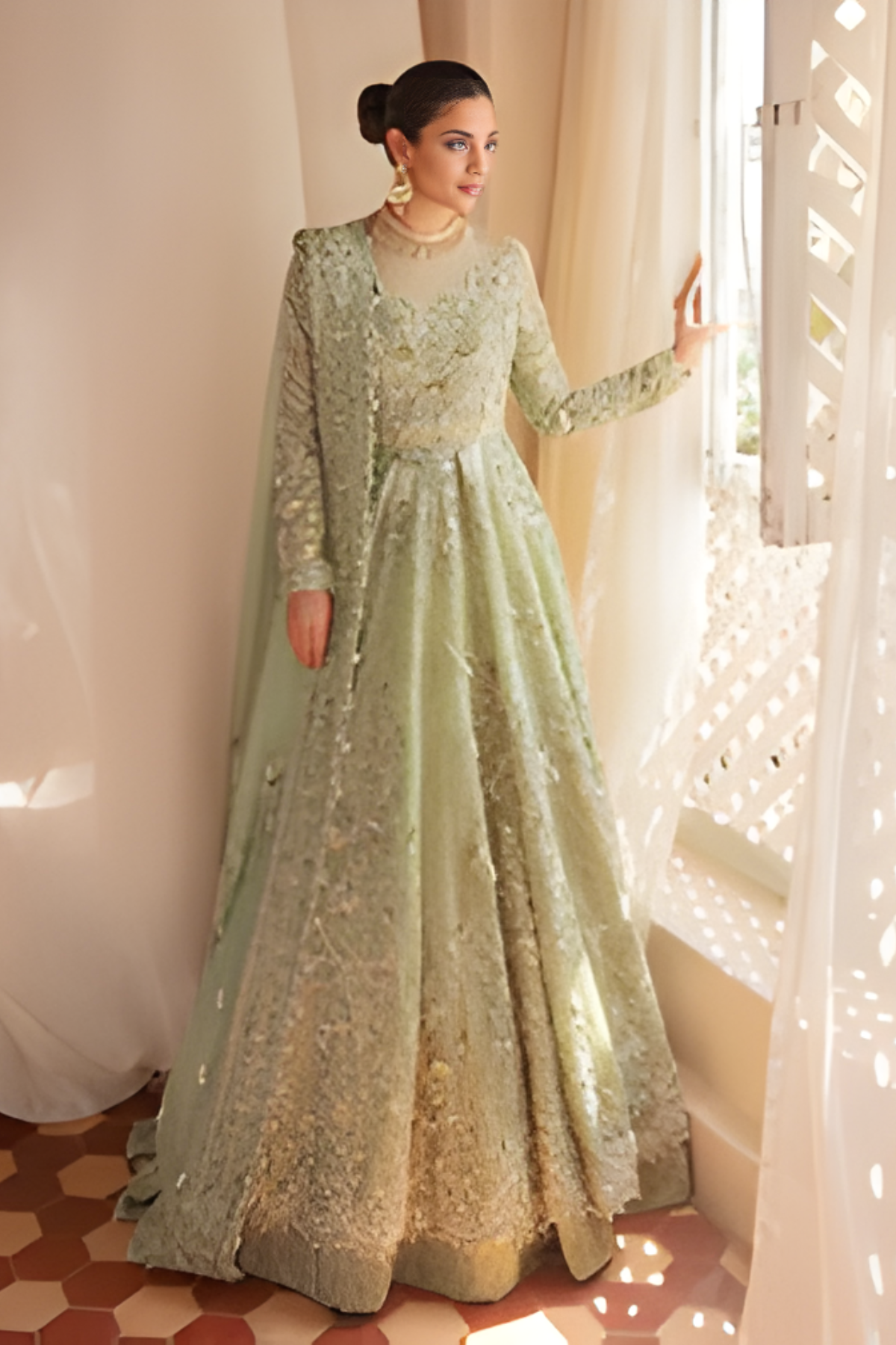 Irene Pistachio Green Pakistani Bridal Lehnga Set