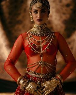 Mata Hari Ruby Red Pakistani Bridal Lehenga with Gold & Silver Hand Embellishments