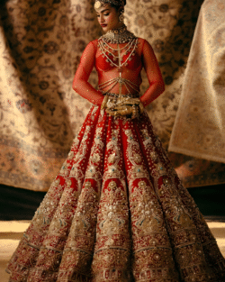 Mata Hari Ruby Red Pakistani Bridal Lehenga with Gold & Silver Hand Embellishments