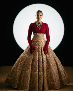 Pakistani Bridal Gown in Copper Gold Tissue Lehenga with Velvet Choli & Hand Embellished Dupatta