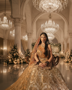 Pakistani Bridal Gown Set Gold Tissue Lehenga Ensemble