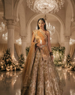 Pakistani Bridal Gown Set Gold Tissue Lehenga Ensemble