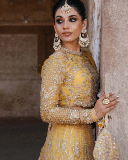 Pakistani Bridal Lehenga Choli Yellow Kathaan Organza