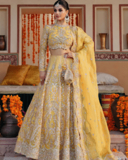 Pakistani Bridal Lehenga Choli Yellow Kathaan Organza