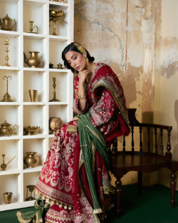 Pakistani Bridal Long Shirt Sharara Carmine Sheesha Silk