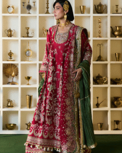 Pakistani Bridal Long Shirt Sharara Carmine Sheesha Silk