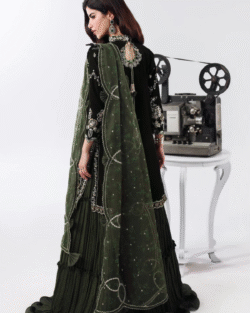 Pakistani Bridal Organza Short Shirt Sharara Dark Mehndi