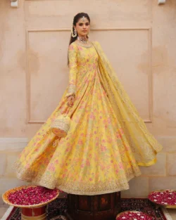 Pakistani Bridal Pishwas Set – Zest Yellow with Embellishments