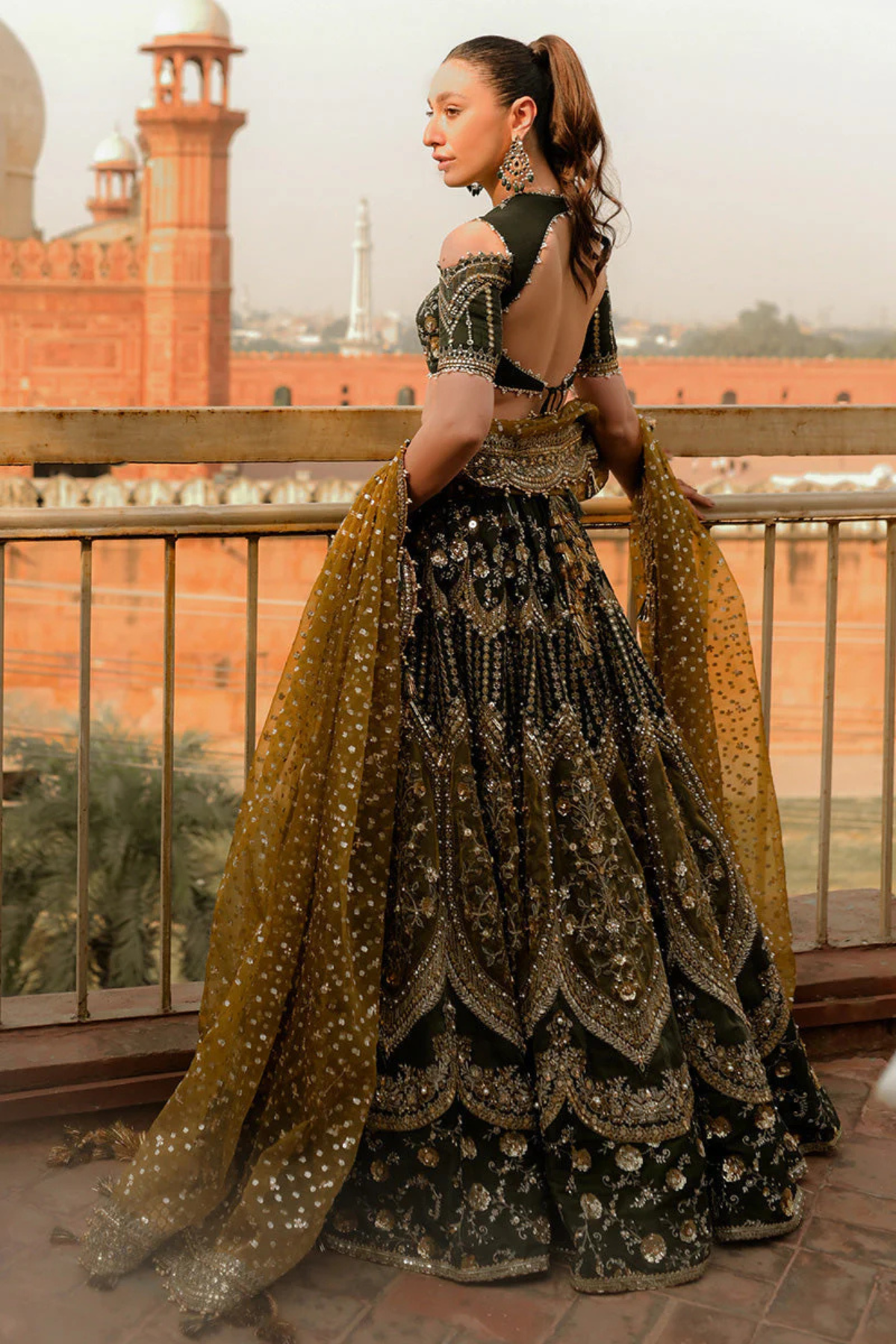 Pakistani Bridal Raw Silk Lehnga Choli Dark Mehndi - Image 2