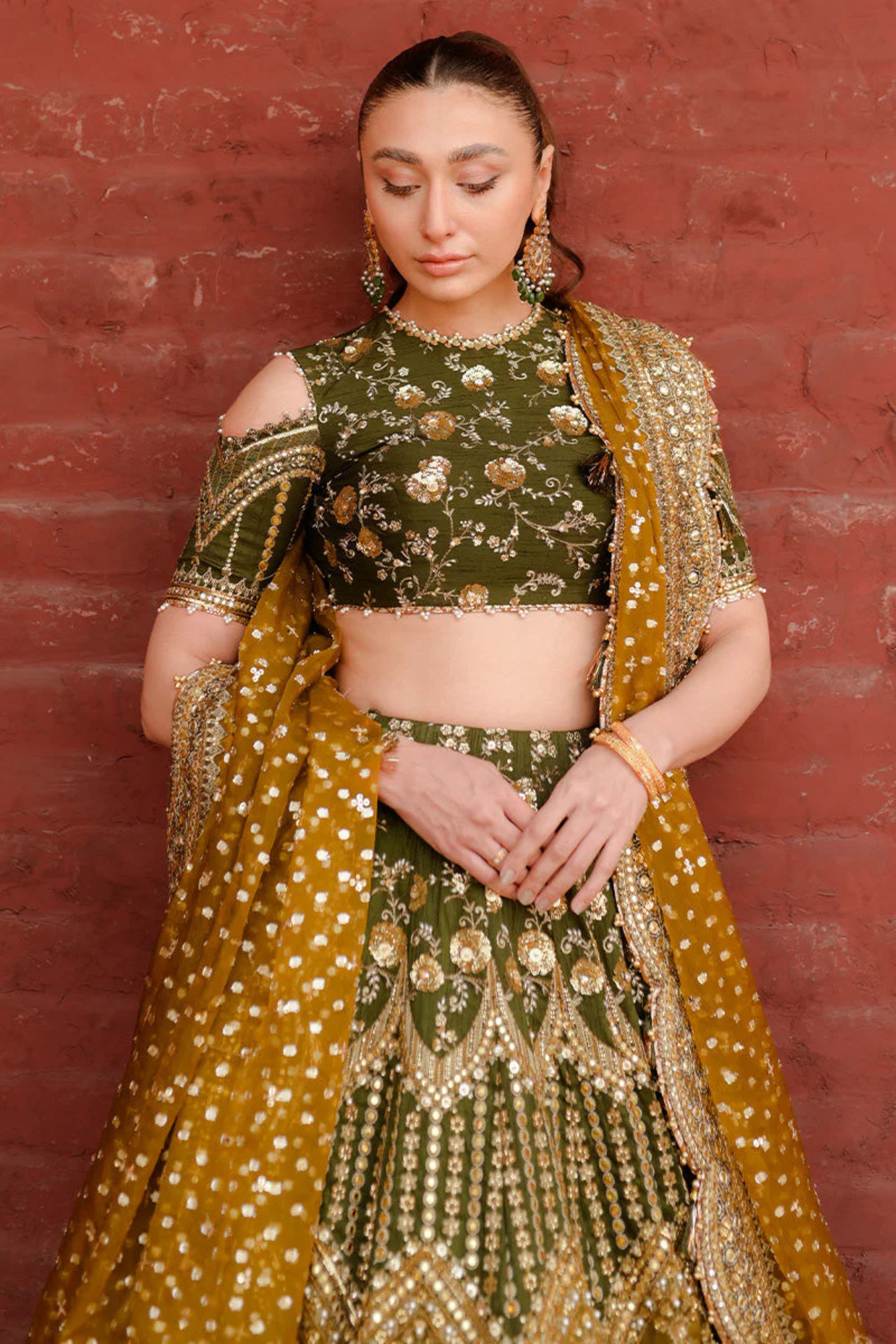 Pakistani Bridal Raw Silk Lehnga Choli Dark Mehndi - Image 3