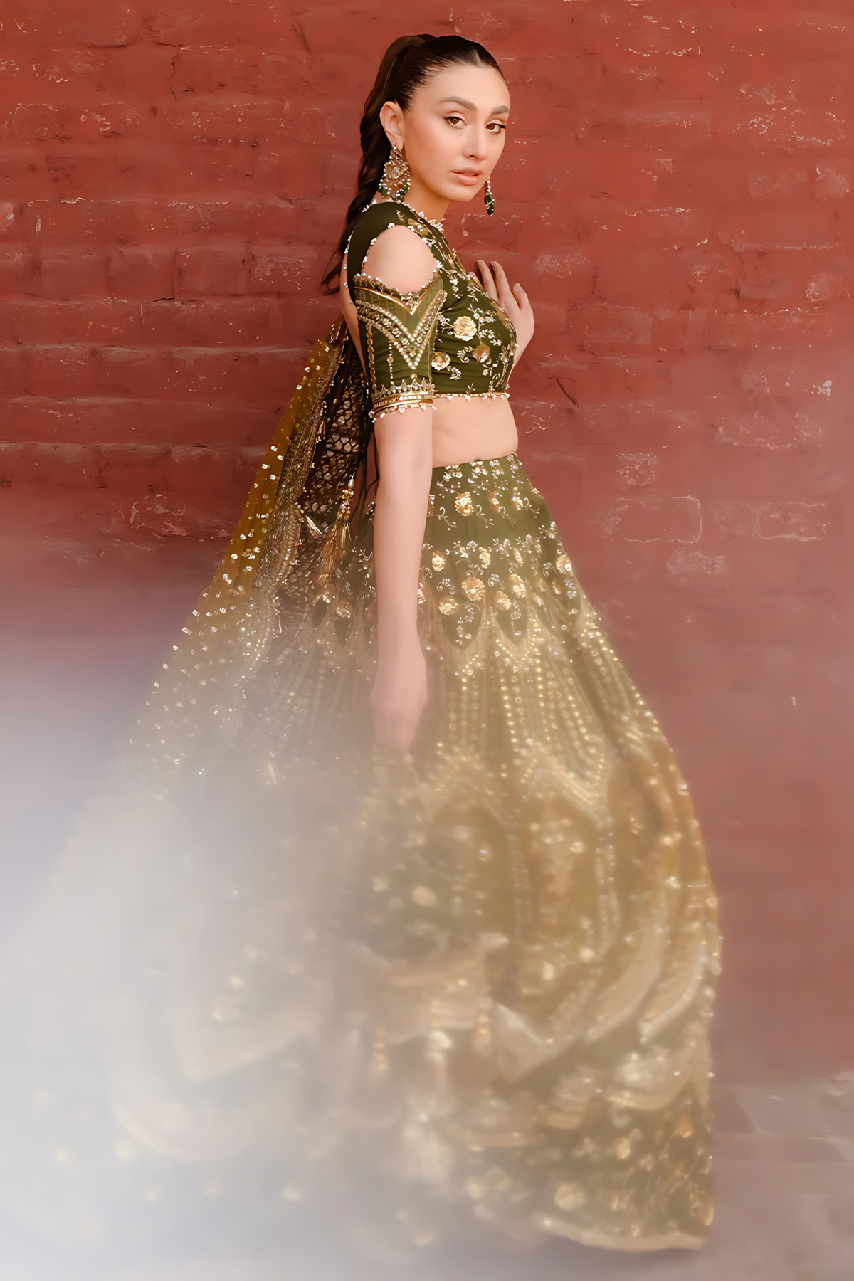Pakistani Bridal Raw Silk Lehnga Choli Dark Mehndi - Image 5