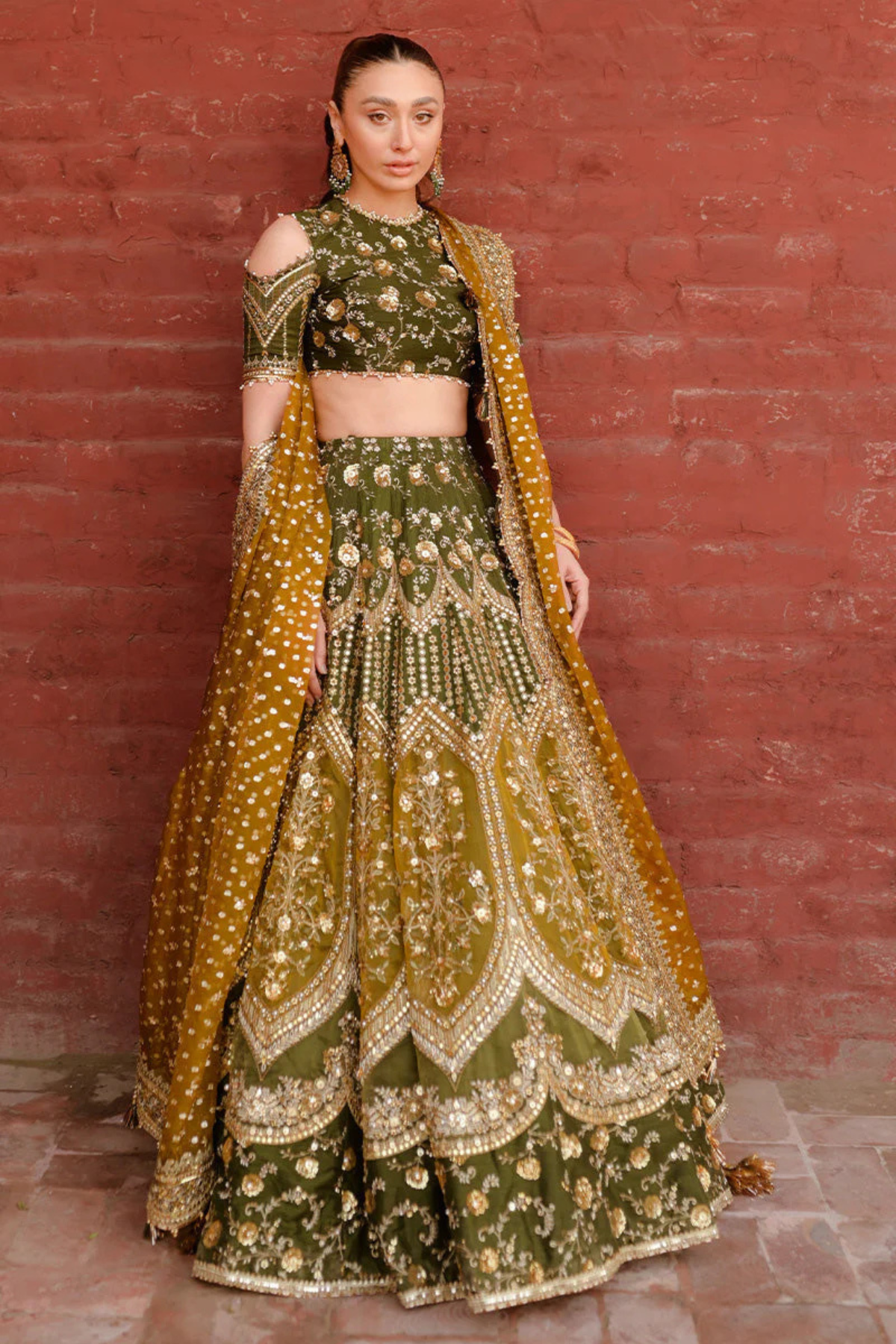 Pakistani Bridal Raw Silk Lehnga Choli Dark Mehndi