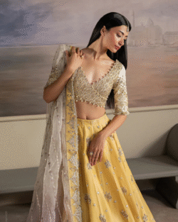 Pakistani Bridal Silk Lehnga Choli  Yellow Embroidered Gleam