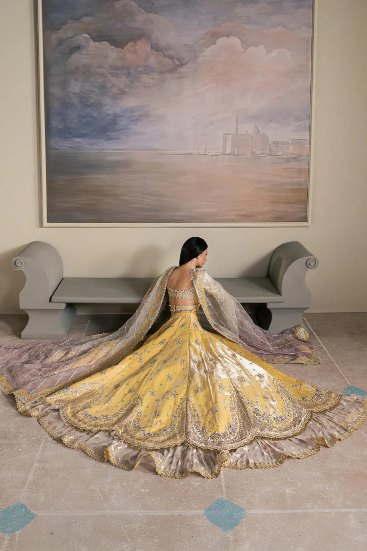 Pakistani Bridal Silk Lehnga Choli Yellow Embroidered Gleam - Image 3