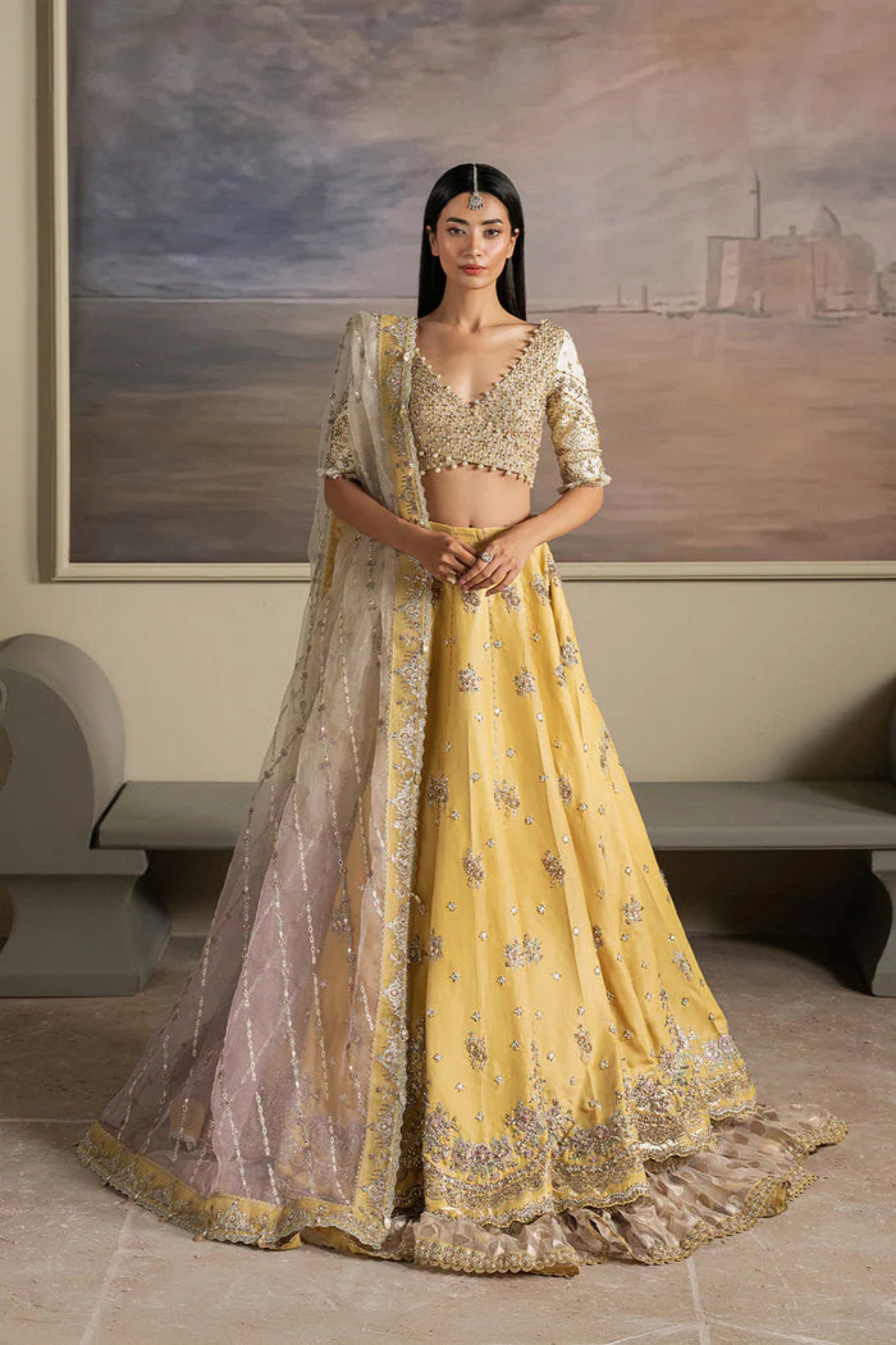Pakistani Bridal Silk Lehnga Choli Yellow Embroidered Gleam