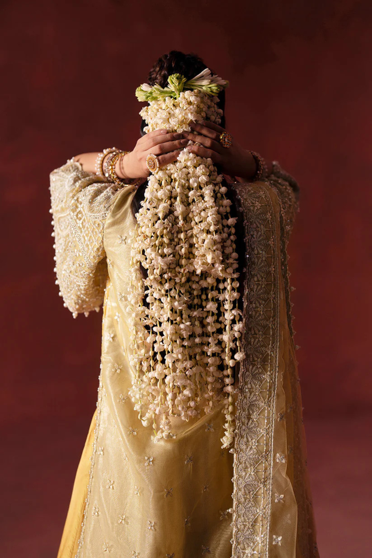 Pakistani Bridal Silk Shirt Lehnga Yellow Embroidered Set - Image 2