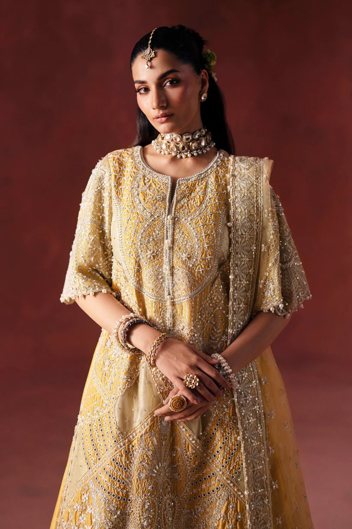 Pakistani Bridal Silk Shirt Lehnga Yellow Embroidered Set - Image 3